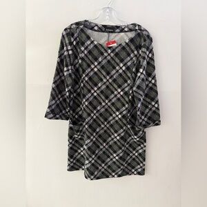 Initiatives Plaid Shift Dress | Olive Black White | 3/4 Sleeve